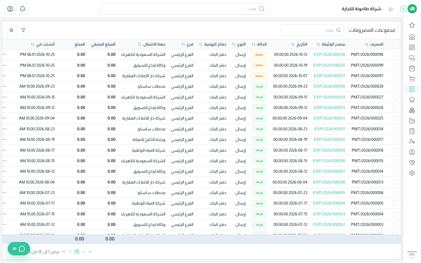 قائمة مدفوعات المصروفات