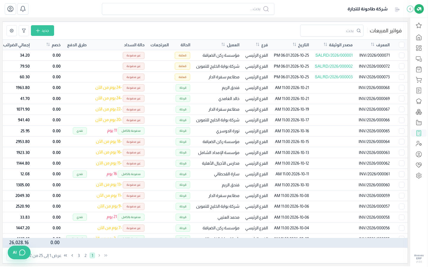 قائمة فواتير المبيعات مع حالة الترحيل والسداد
