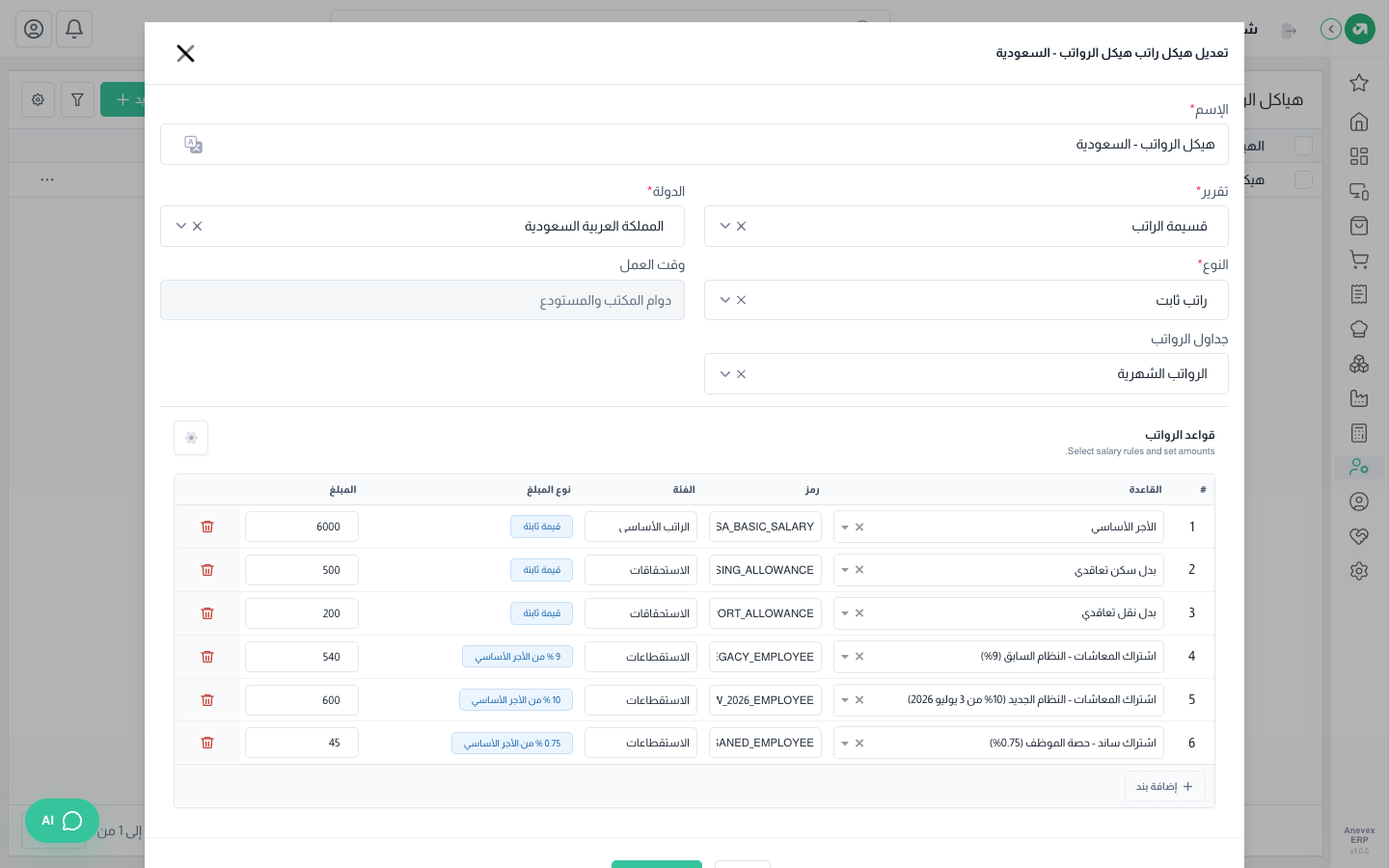 قواعد الهيكل ومبالغها الافتراضية