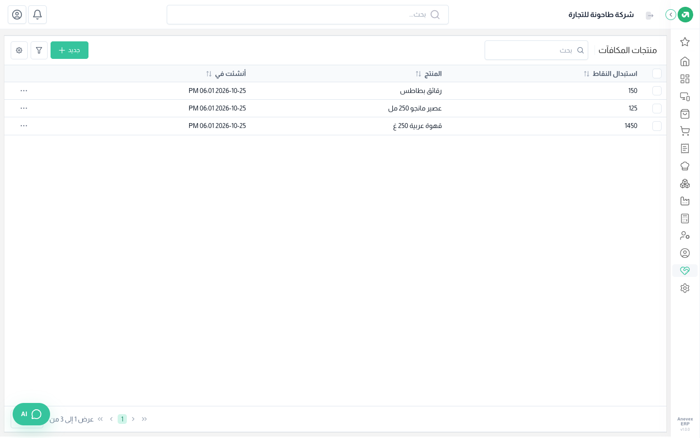 رقائق بطاطس 150، عصير مانجو 125، قهوة عربية 1,450 نقطة