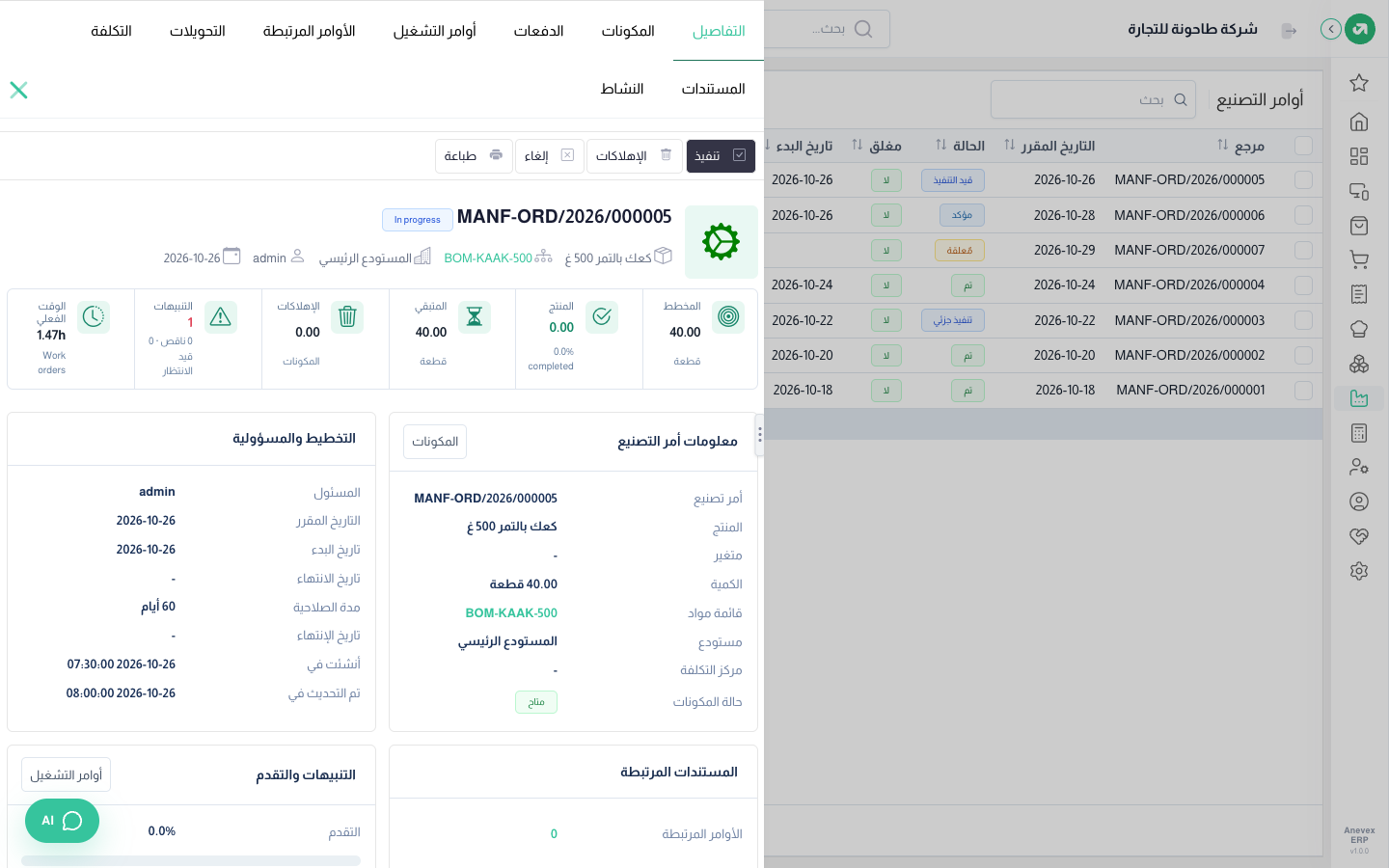 أمر قيد التنفيذ: 40 علبة كعك، العجن انتهى والخبز جارٍ