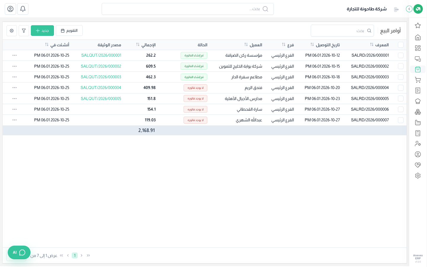 قائمة أوامر البيع مع الإجمالي أسفل الجدول