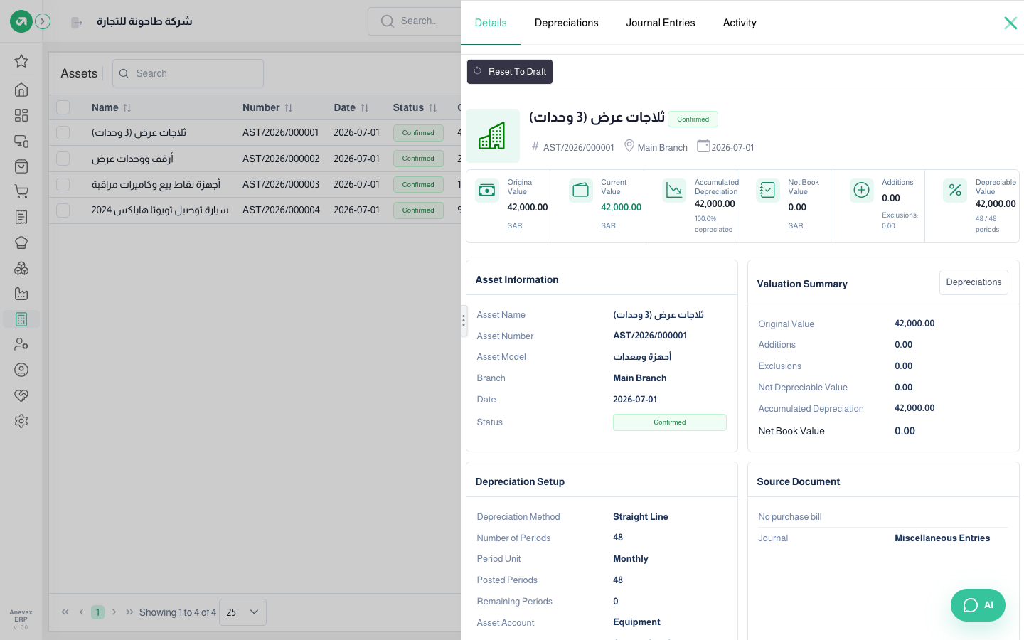 Asset page with depreciation and entries tabs