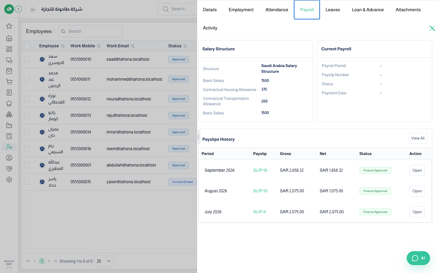 Payroll tab: salary structure and payslip history
