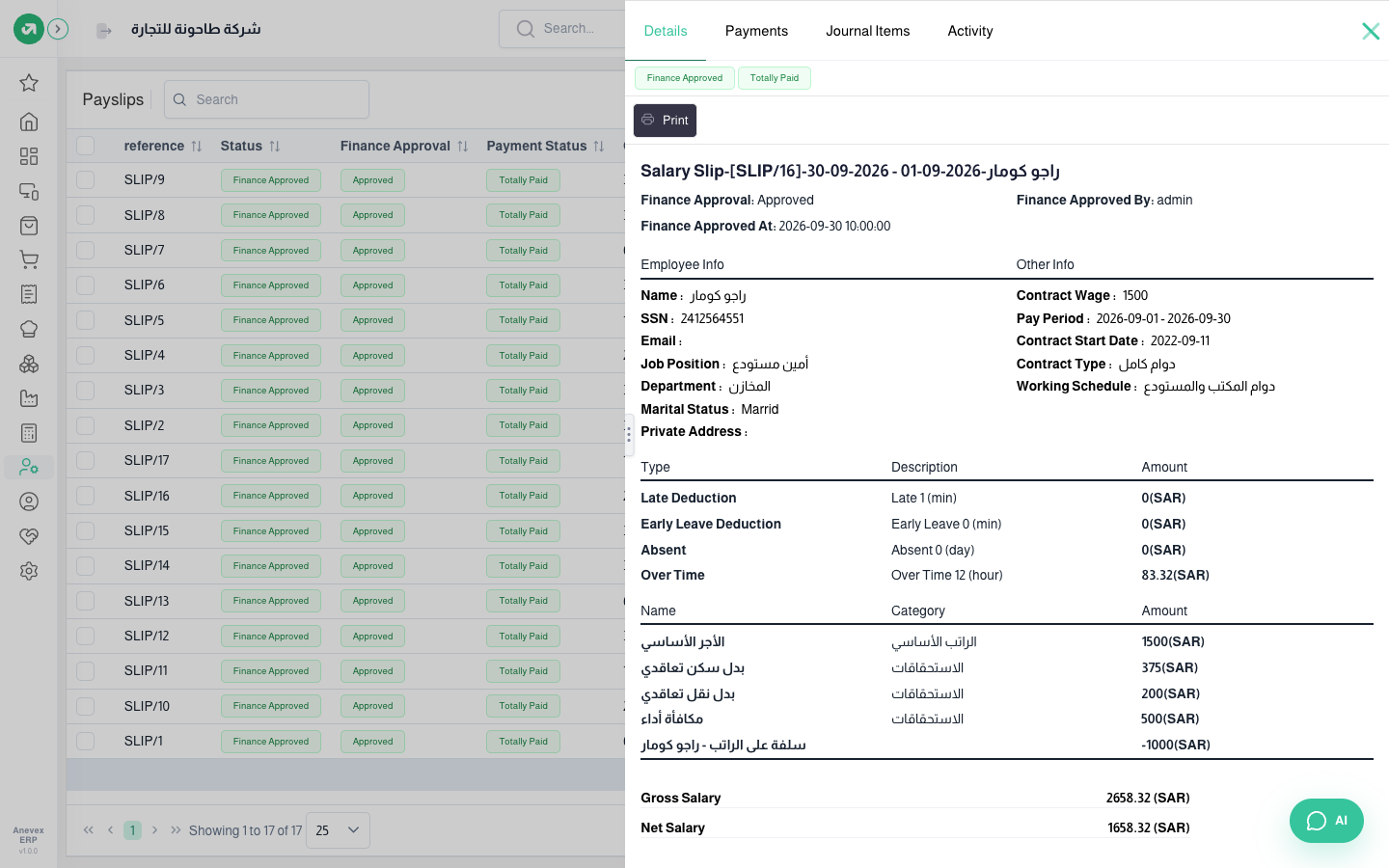 Raju’s September payslip: 1,500 + housing 375 + transport 200 + bonus 500 + overtime 83.32 − advance 1,000 = 1,658.32