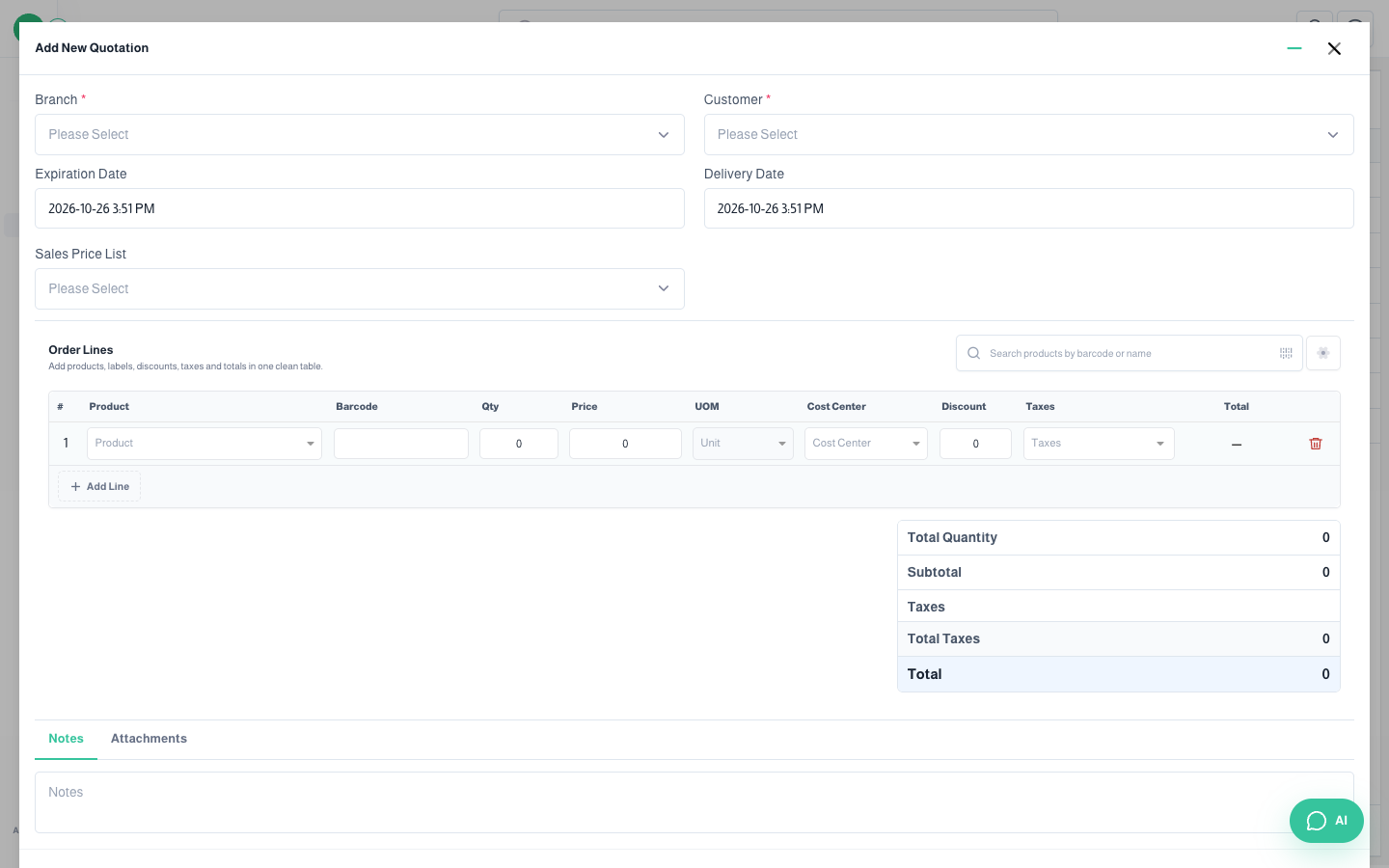 Add Quotation window