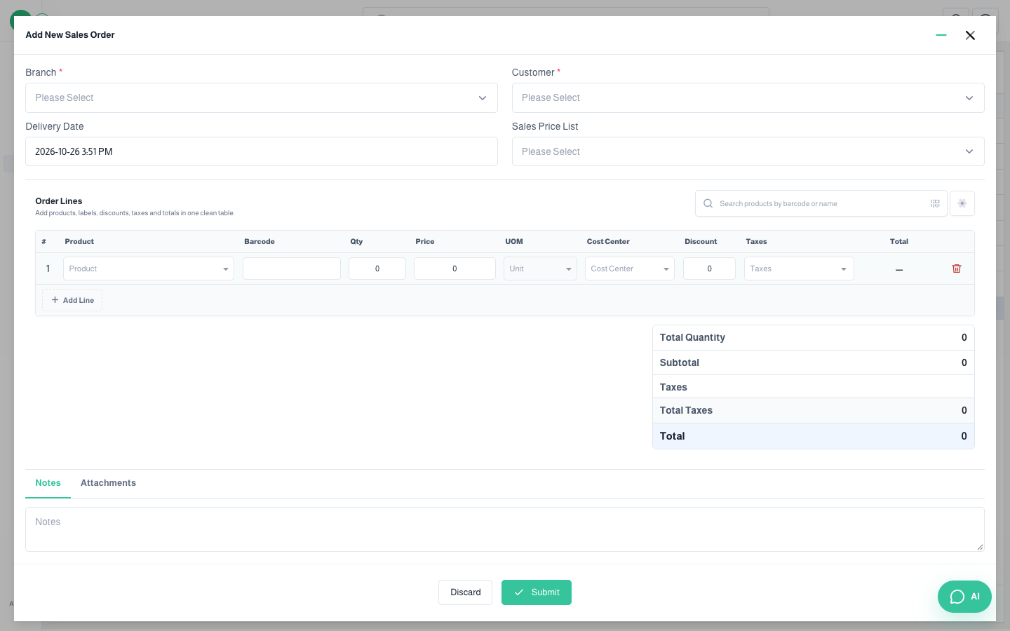 Add Sales Order window