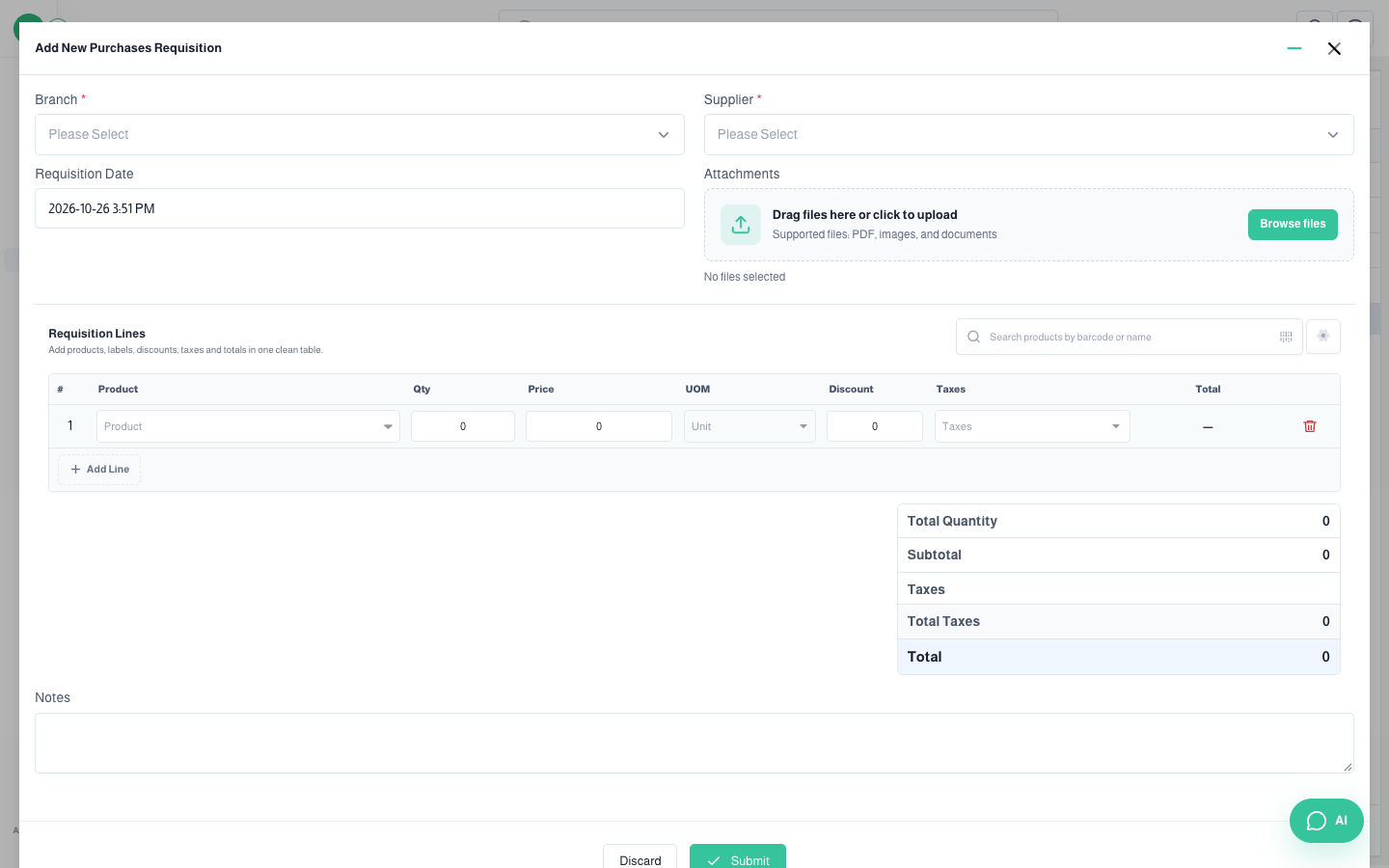Add Purchase Requisition window