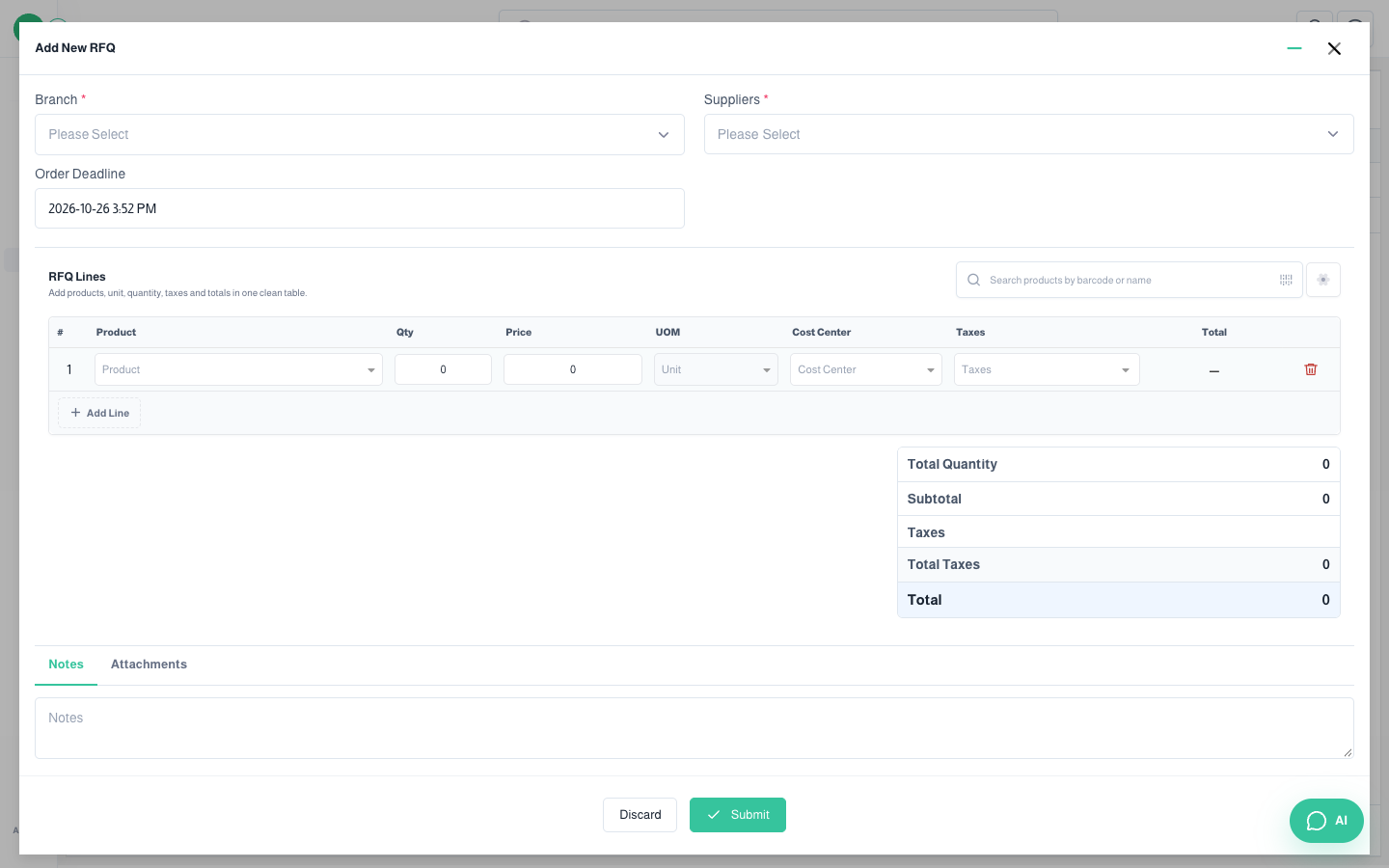 Add Request for Quotation window
