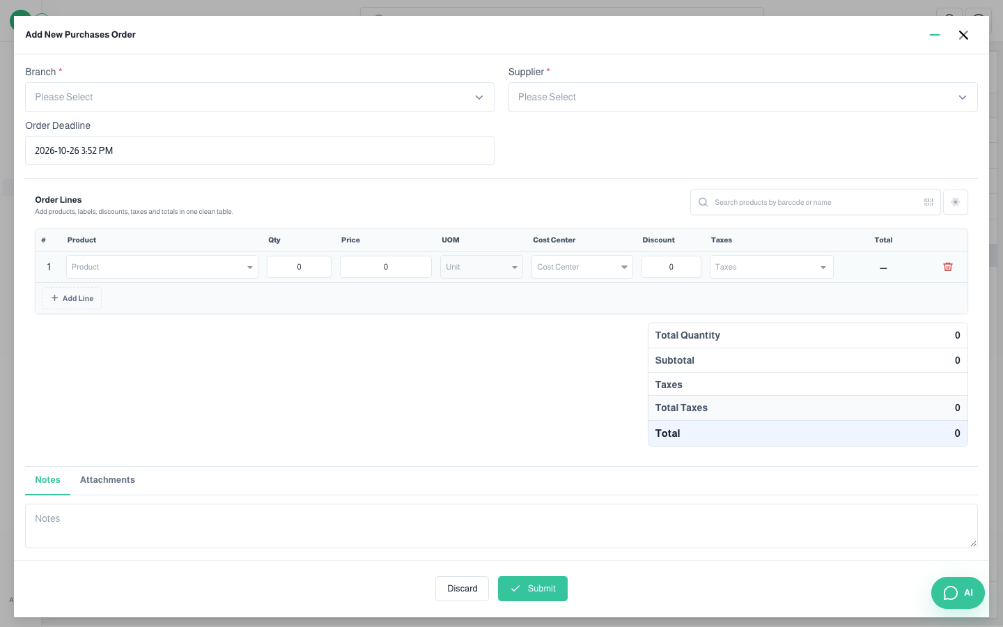 Add Purchase Order window
