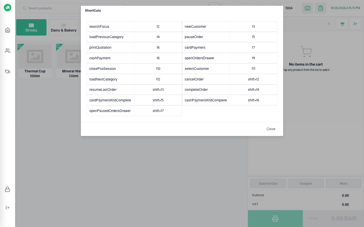 The shortcuts list