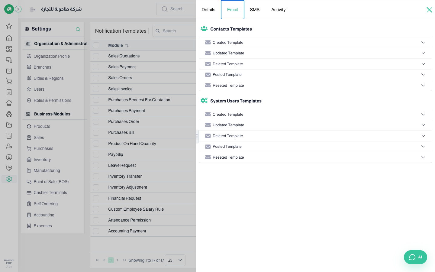 Email templates for the sales invoice: contact templates and user templates