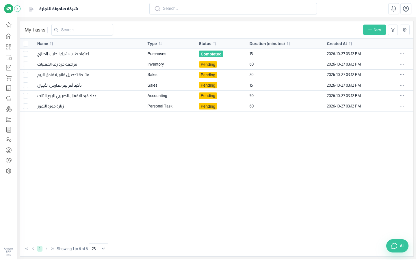 My Tasks: six tasks with their types and statuses